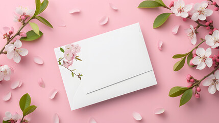 Blank Invitation Card Mockup with Cherry Blossoms on Pink Background