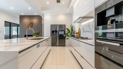 A sleek and modern kitchen with state-of-the-art appliances, stainless steel finishes, and ample natural light. Perfect for contemporary homes.