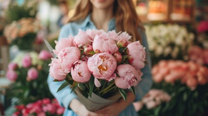 A young beautiful girl florist makes a bouquet of peonies