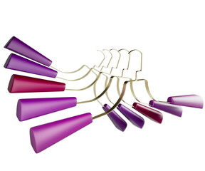 Miltiple Golden metal hangers with pink and purple rubber padding, isolated on a transparent background. Presented in a spral view