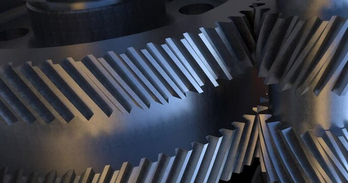 Machinery gears in motion. Double helical gear rotation. Gearbox animation