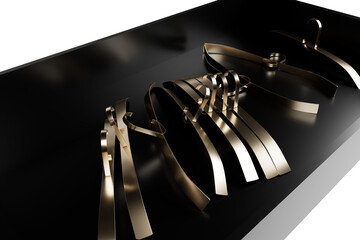 set of premium golden Metal cloth hangers inside a black box isolated on a transparent background. 