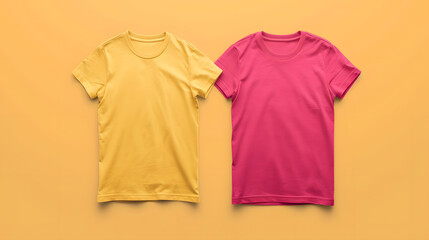 Yellow and Pink T-Shirts on Solid Color Background Mockup