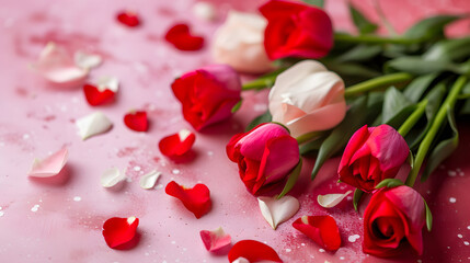 Pink and Red Roses with Petals Romantic Valentines Day Background