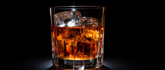 Whiskey on the rocks. Close up shot. Studio light