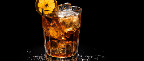 Close up shot of a Alcoholic drink. Lemon slice. Studio