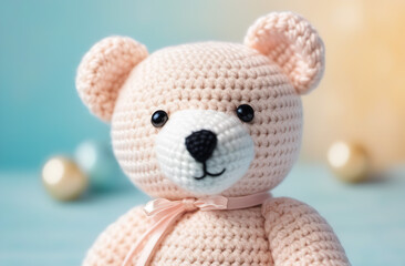 Crochet pink bear. Cute handmade toy. Japanese amigurumi
