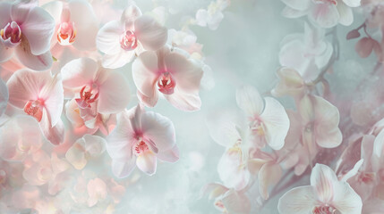  a close up of a bunch of flowers on a white and pink background with a blue sky in the background.