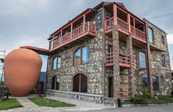 Napareuli, Georgia - July 19, 2015: Museum of Qvevri and Qvevri Wine in Twins Wine House in Napareuli village