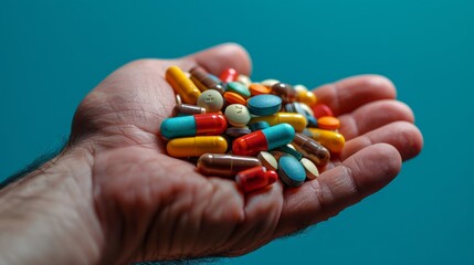 A man's hand holds a large handful of different pills