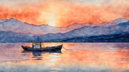 Minimalist watercolor painting of a fishing boat reflecting in a calm lake on a summer sunset. AI generated.