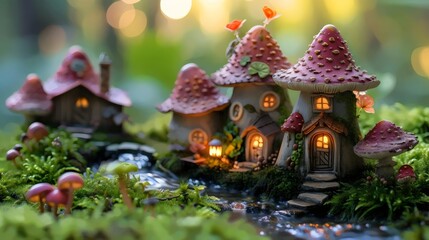 Enchanted Miniature Mushroom Houses in a Magical Forest Setting