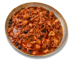 Baby Octopus in tomato sauce in aluminium pan isolated  Stewed octopus with tomatoes and olive - Italian recipe called moscardini alla Luciana recipe of Neapolitan cuisine.