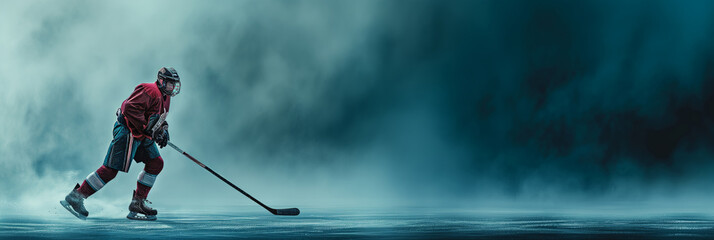 Banner with one hockey player on skates and with a stick in his hands on a blue background in haze or fog