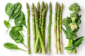 Fototapeta premium Asparagus Stalks and Spinach Leaves on White Background, Fresh Young Garden Asparagus