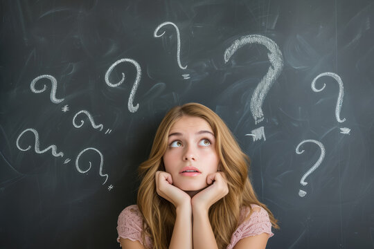 thoughtful girl with question marks on chalkboard