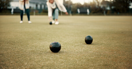 Women, park or old people bowling for fitness, training or exercise for wellness or teamwork...