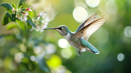 Naklejka premium Graceful Hummingbird in Flight, Hovering Near Blossoming Flowers with Sunlit Bokeh Background