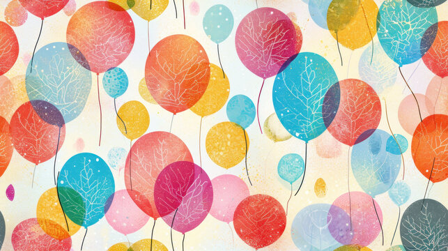  a painting of colorful balloons and leaves on a white background with blue, red, yellow, green, and orange colors.