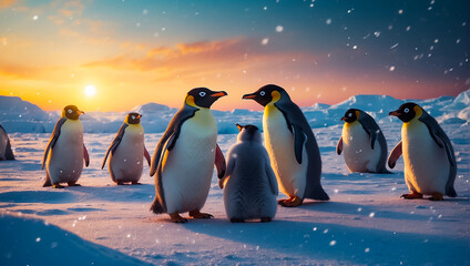 Cute penguins in the north  - obrazy, fototapety, plakaty