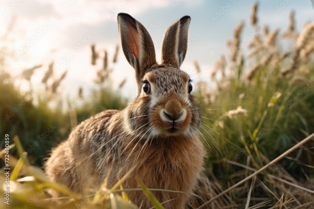 Aufkleber a close-up photograph of a rabbit in a field of grass. this image can be used to depict nature, wild