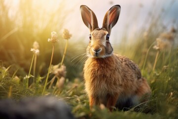 A rabbit sitting in a field of tall grass. Suitable for nature and wildlife themes - Powered by Adobe