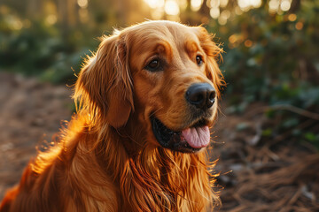 Portrait of a beautiful red dog with its tongue sticking out on a walk in the forest in the rays of the sun, sunrise or sunset