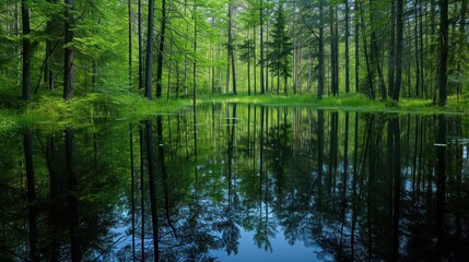  a forest filled with lots of green trees next to a body of water with a reflection of the trees in the water.