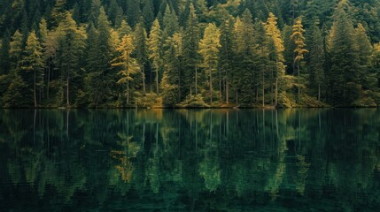 Obraz premium a forest filled with lots of green trees next to a body of water with lots of water in front of it.