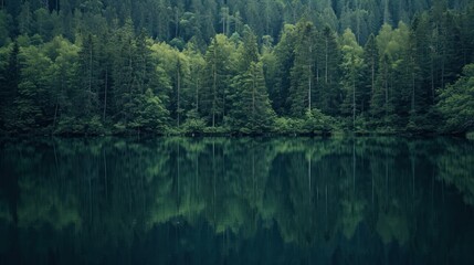 Obraz premium a forest filled with lots of green trees next to a body of water with lots of water in front of it.