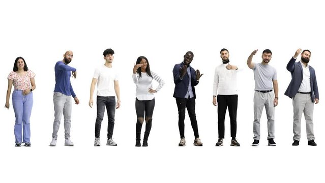 A group of people, in full height, on a white background, are invited to their place