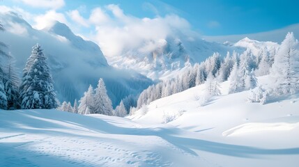 Fototapeta na wymiar snow-covered landscape, with glistening white peaks and trees creating a winter wonderland that is both magical and serene