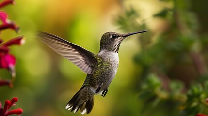 Hummingbird in Flight with Flowers and Greenery