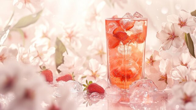  a glass filled with ice and strawberries sitting on top of a table next to flowers and ice cubes.