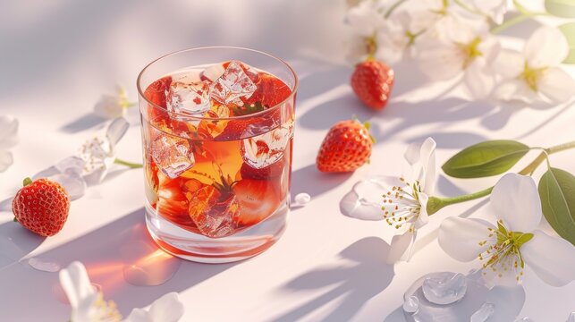  a glass filled with ice and strawberries on top of a table next to white flowers and white orchids.