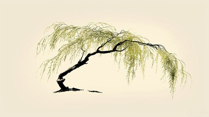  a painting of a tree with green leaves on it's branches and a white sky in the back ground.