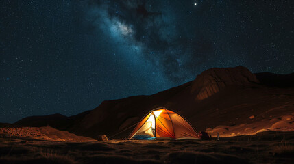 Tent set up under a starry night sky in a remote camping site