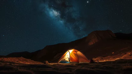 Foto op Canvas Tent set up under a starry night sky in a remote camping site © AndyGordon
