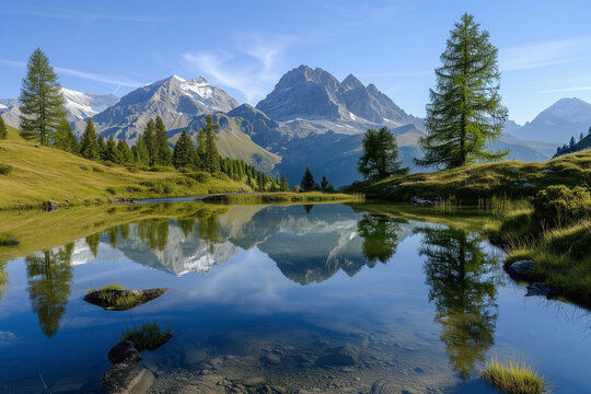 A pristine alpine lake reflecting surrounding mountains and trees