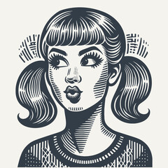 Retro Girl making Quirky Facial Expression. Vintage woodcut engraving style vector illustration.