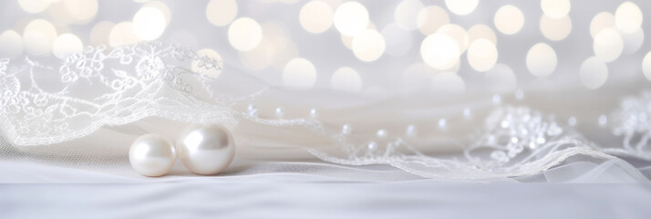 Wedding veil decorating invitation card with blurred silver and white bokeh background. Airy bride lace tulle veil artistic luxury banner with white iridescent, pearls with luster for love, romance.