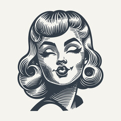 Retro Girl Making a Facial Expression. Vintage woodcut engraving style vector illustration.