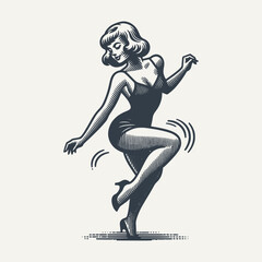 Retro Girl Dancing. Vintage woodcut engraving style vector illustration.