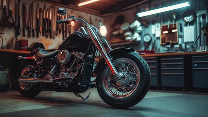 Photo sur Plexiglas Moto A black motorcycle parked in an old garage