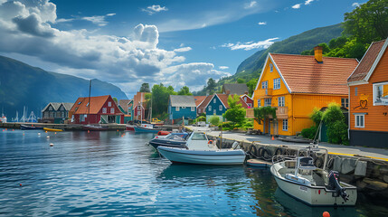 Serene and idyllic fishing village adorned with colorful boats, surrounded by shimmering waters and charming waterfront.