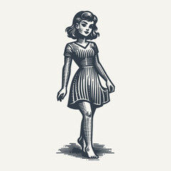 Obraz premium Retro Girl in a Dress standing. Vintage woodcut engraving style vector illustration. 