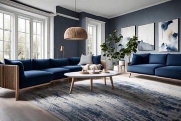 Modern Living Room Interior with Blue Sofas, Wooden Table, Artwork, and Windows