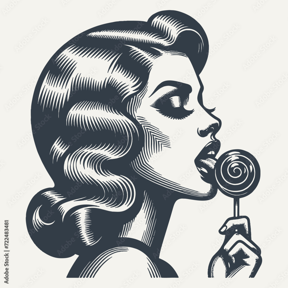 Wall mural retro girl licking candy. vintage woodcut engraving style vector illustration.