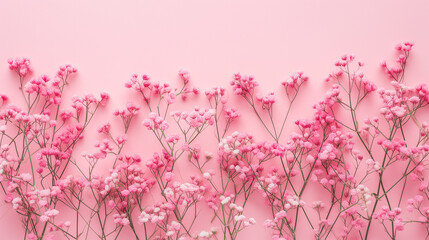 Beautiful spring gypsophila flowers on a pink background in pink tones, Happy Mother’s Day or Women’s Day greeting card with copy space for your text