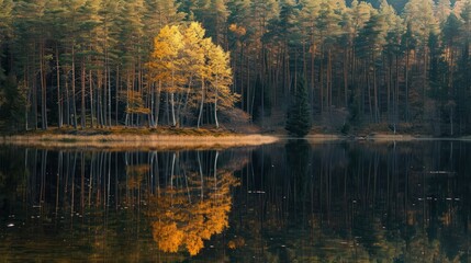 Fototapeta premium a body of water surrounded by trees and a forest filled with yellow and green leaves on both sides of the water.